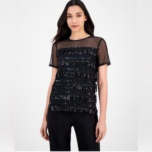 Anne Klein Women’s Crewneck Sequin Fringe trim top M